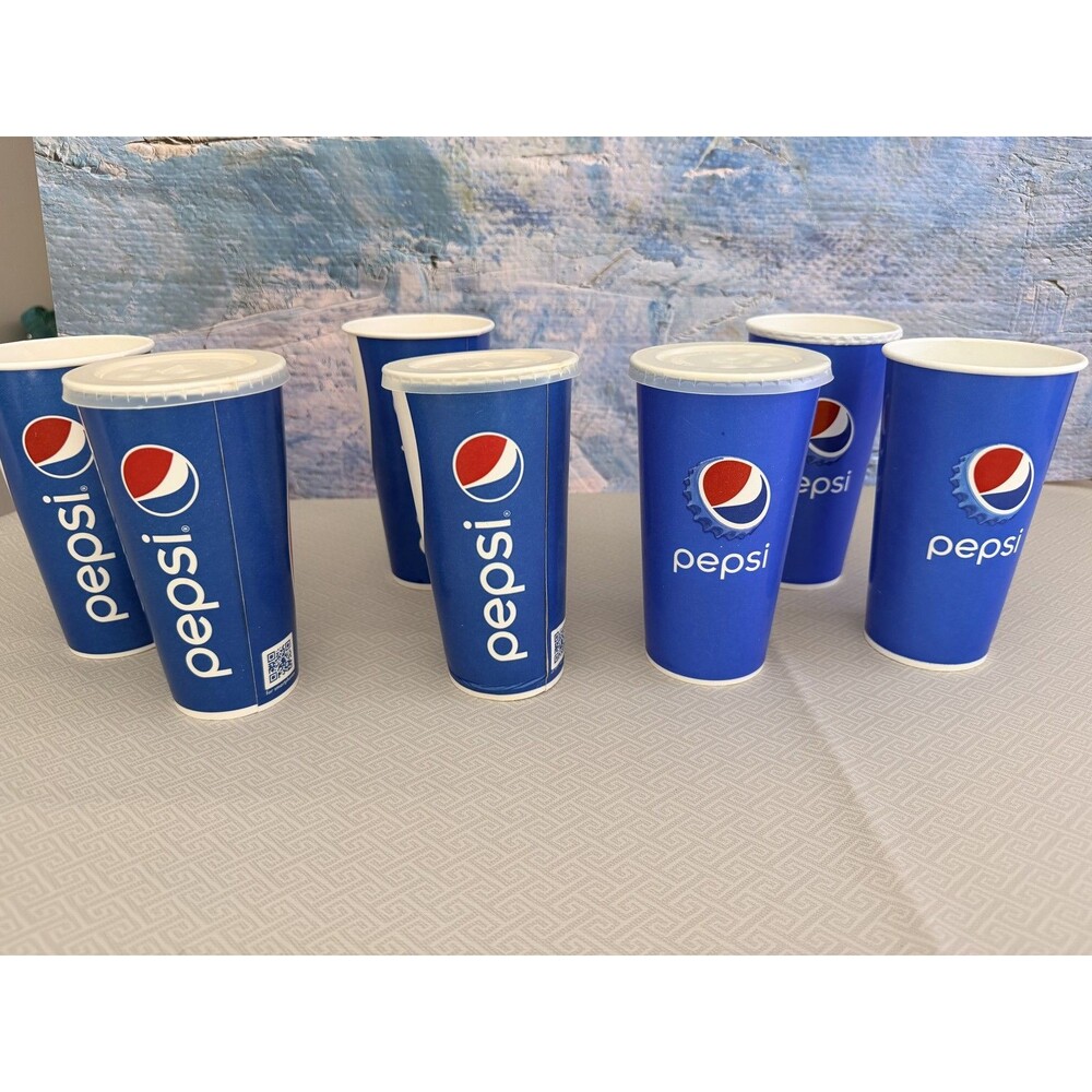 Lot 7 Pepsi 21 oz Paper Wax Cups Modern & Bottle Cap Logo w-3 Lids Graphic